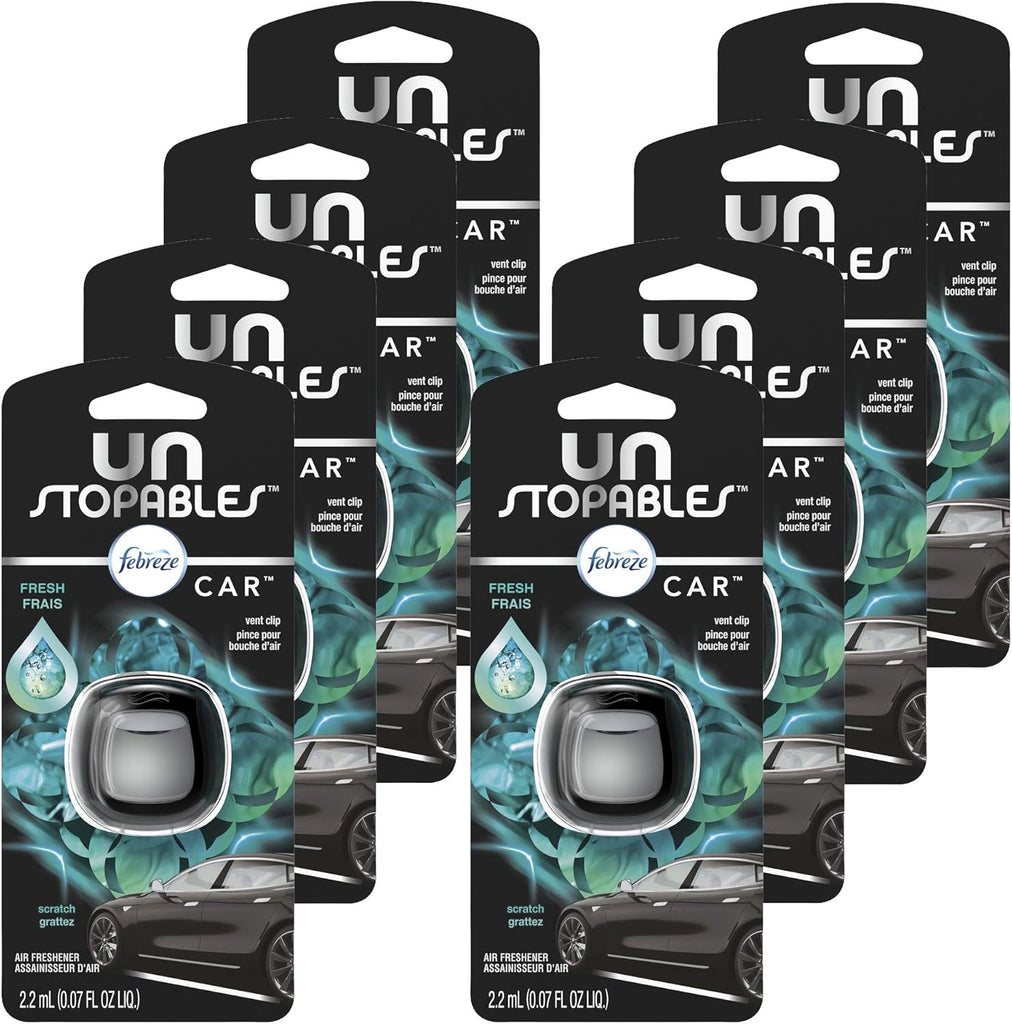 Febreze Unstopables Car Odor-Fighting Car Freshener Vent Clip Fresh Scent, .07 oz. Car Vent Clip, Pack of 4 (Packaging may vary)