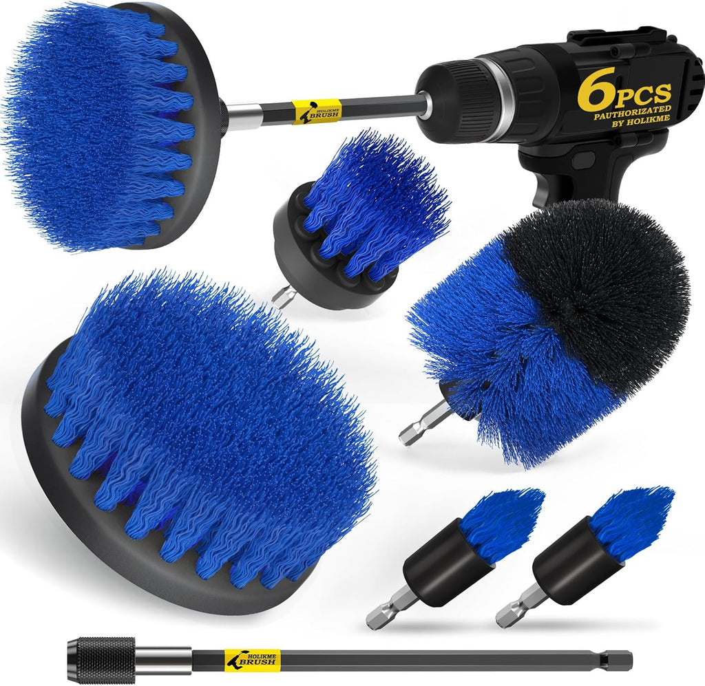 Holikme 6Pack Drill Brush Power Scrubber Cleaning Brush Extended Long Attachment Set All Purpose Drill Scrub Brushes Kit for Grout, Floor, Tub, Shower, Tile, Bathroom and Kitchen Surface，Yellow