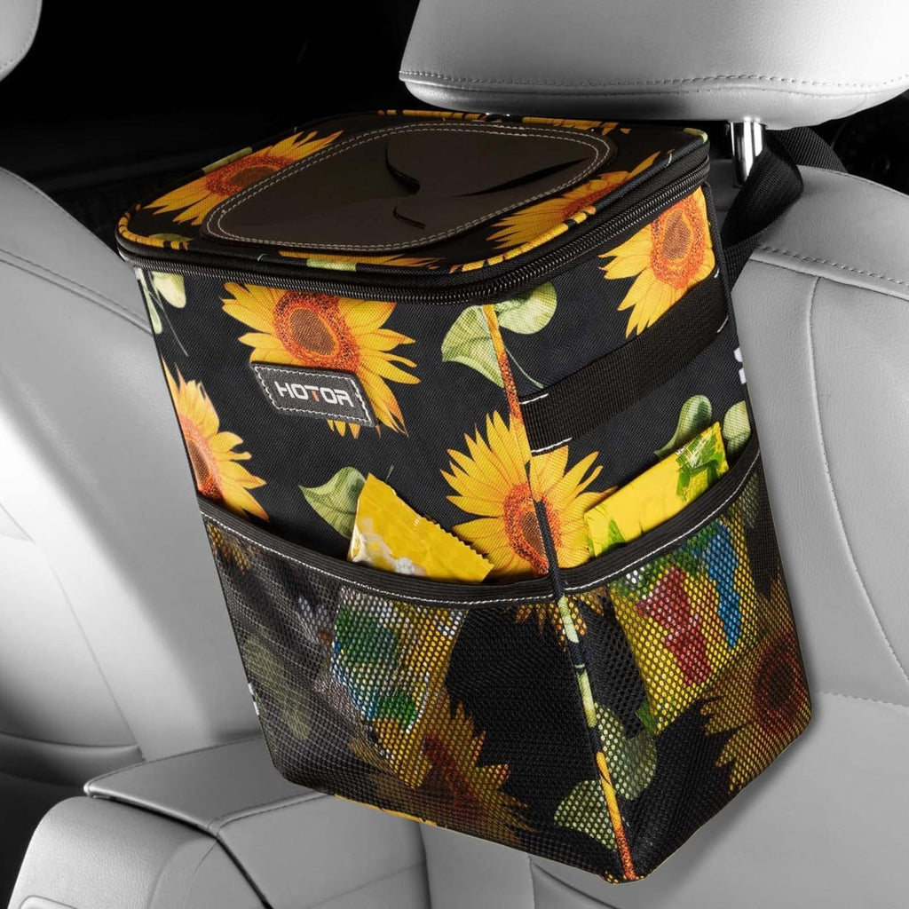 HOTOR Car Trash Can with Lid and Storage Pockets - 100% Leak-Proof Organizer, Waterproof Garbage Can, Multipurpose Trash Bin for Car, 2 Gallons, Black