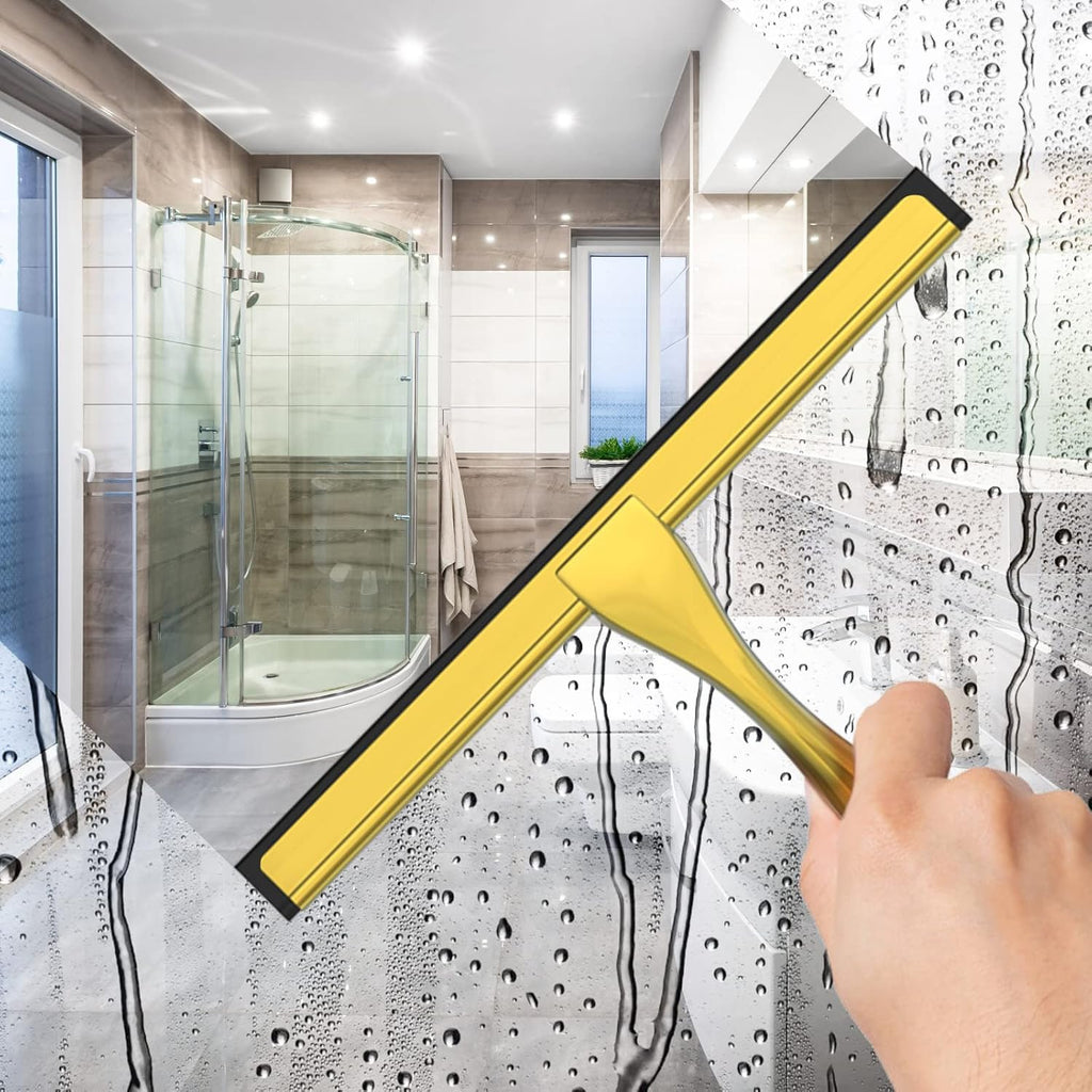 All-Purpose Stainless Steel Shower Squeegee for Shower Glass Door with 2 Adhesive Hooks, Bathroom Cleaner Tool Household Window Mirror Squeegee , Cleaning Tile Wall, Car, 10 Inch Silver