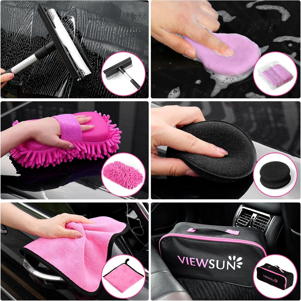 Viewsun 17pcs Car Cleaning Kit, Pink Car Interior Detailing Kit with High Power Handheld Vacuum, Detailing Brush Set, Windshield Cleaner, Cleaning Gel, Complete Auto Accessories for Women Gift