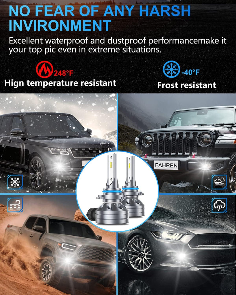 FAHREN H1 Fog Bulbs, 28000LM Brightness 1:1 Mini Size No Adapter Needed Plug & Play, 6500k White with 16 CSP Chips, Canbus Ready Non-Polarity H1 Light Bulb with Turbo Fan, IP68 Waterproof Pack of 2