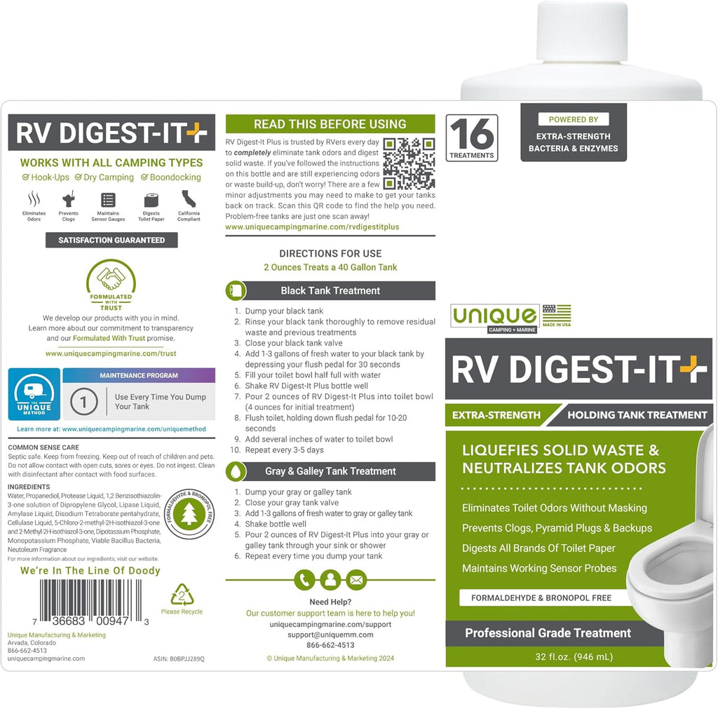 Unique RV Digest-It+ Extra-Strength Ultra-Concentrate - 32 RV Toilet Treatments - Eliminates Smells and Liquifies Waste (32 oz)