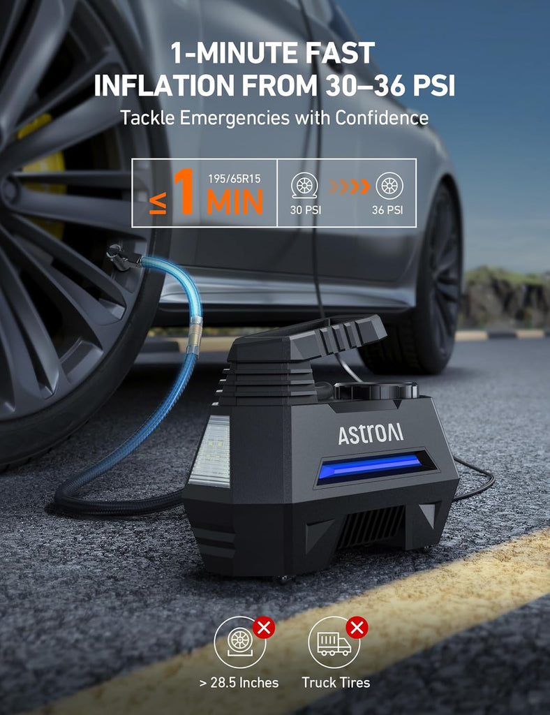 AstroAI Tire Inflator Portable Air Compressor Tire Air Pump for Car Tires - Car Accessories, 12V DC Auto Pump with Digital Pressure Gauge, Emergency LED Light for Bicycle, Balloons, Yellow