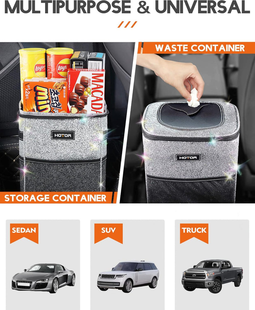 HOTOR Car Trash Can with Lid and Storage Pockets - 100% Leak-Proof Organizer, Waterproof Garbage Can, Multipurpose Trash Bin for Car, 2 Gallons, Black