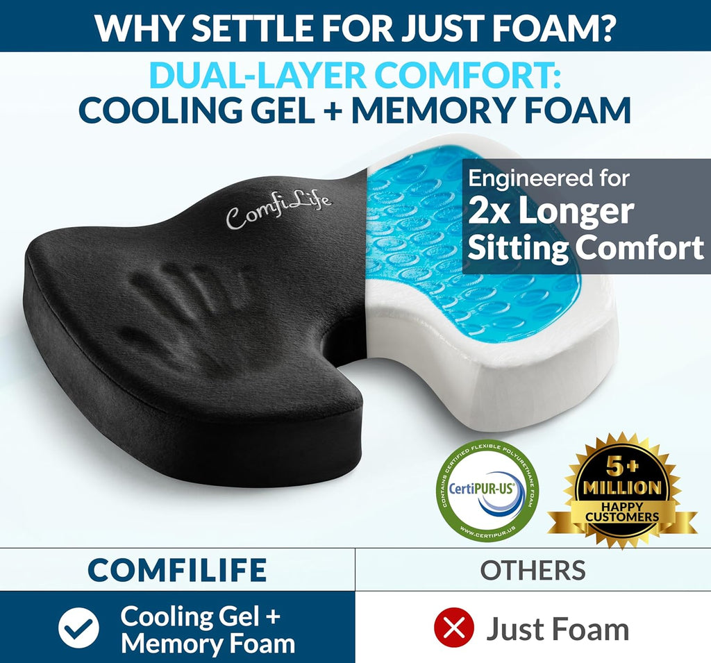 ComfiLife Premium Gel & Memory Foam Seat Cushion – Doctor Recommended Office Chair Cushion, Car Seat Cushion – Chair Cushions for Back & Sciatica Pain Relief – Seat Cushions for Office & Desk (Beige)