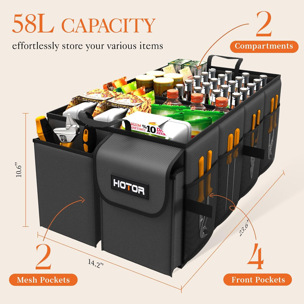 HOTOR Trunk Organizer - Car Organizer, Foldable Trunk organizer for SUVs & Sedans, Sturdy Car Organization for Car Accessories, Tools, Sundries, Black, 2 Compartments, 21.3"×12.6"×10.6"