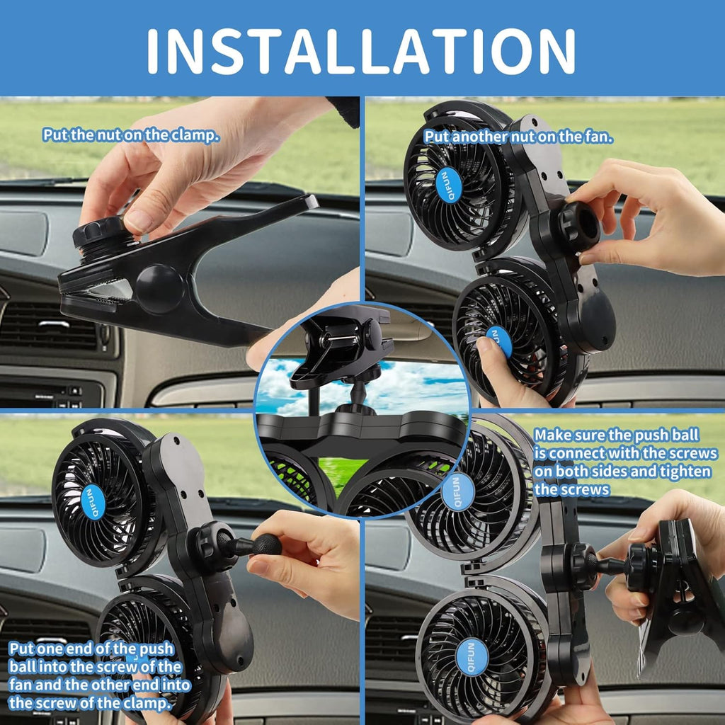 Car Fan Adjustable Dual Head 12V 360° Rotatable 4 Inches Car Clip Fan for Front/Rear Seat Passenger Car Essentials Cooler with Stepless Speed Regulation for Vehicle SUV, RV