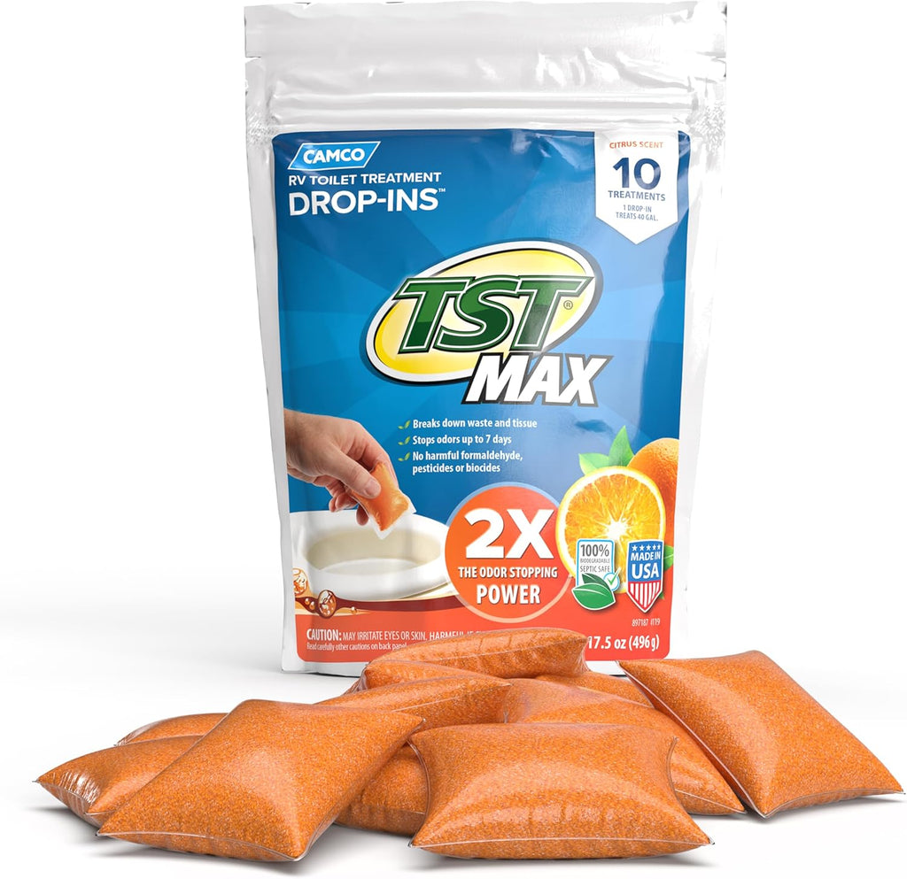Camco TST MAX RV Toilet Treatment Drop-INs - Control Unwanted Odors & Break Down Waste and Tissue - Safe Septic Tank Treatment - Orange Scent, 30-Pack (41183)