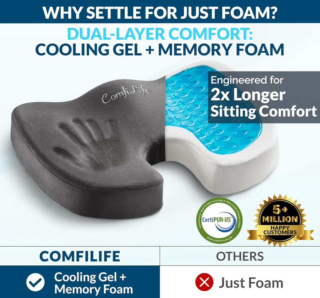 ComfiLife Premium Gel & Memory Foam Seat Cushion – Doctor Recommended Office Chair Cushion, Car Seat Cushion – Chair Cushions for Back & Sciatica Pain Relief – Seat Cushions for Office & Desk (Beige)