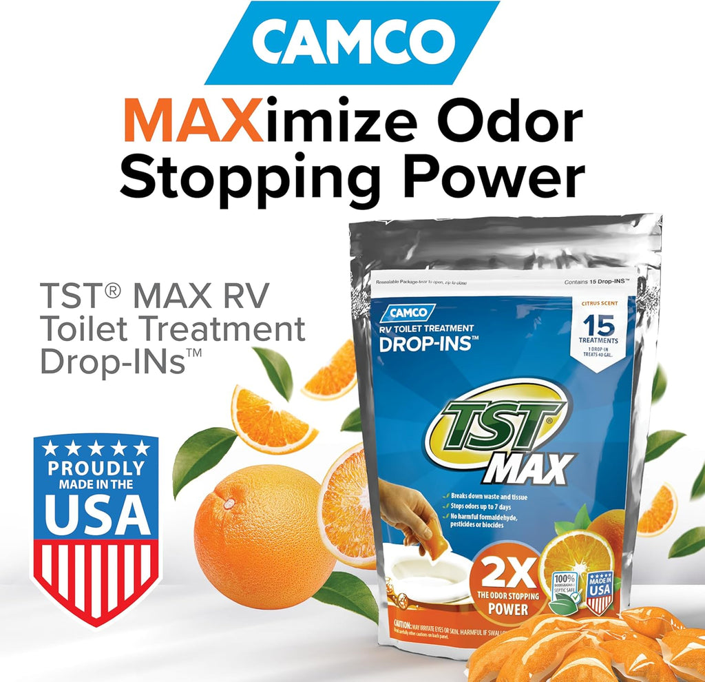 Camco TST MAX RV Toilet Treatment Drop-INs - Control Unwanted Odors & Break Down Waste and Tissue - Safe Septic Tank Treatment - Orange Scent, 30-Pack (41183)