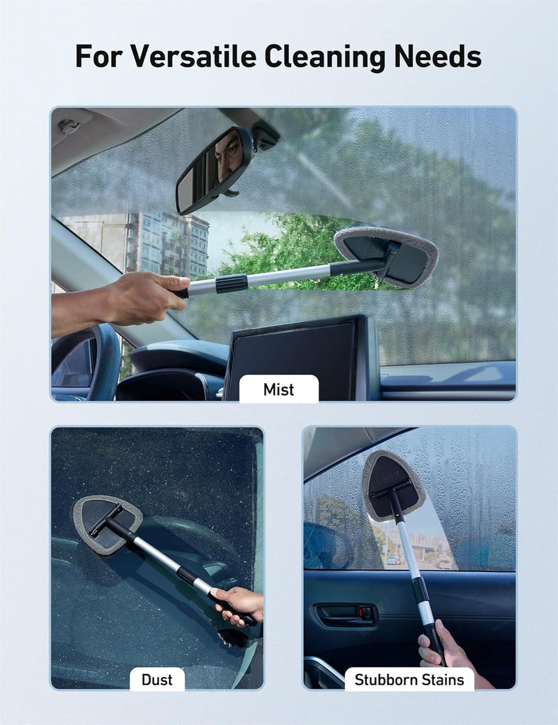 AstroAI Windshield Cleaner Tool, Car Interior Detailing Cleaning Kit with Extendable Handle and 4 Reusable Microfiber Pads, Auto Glass Wiper Brush Kit, Cars, Trucks, SUVs, Gray