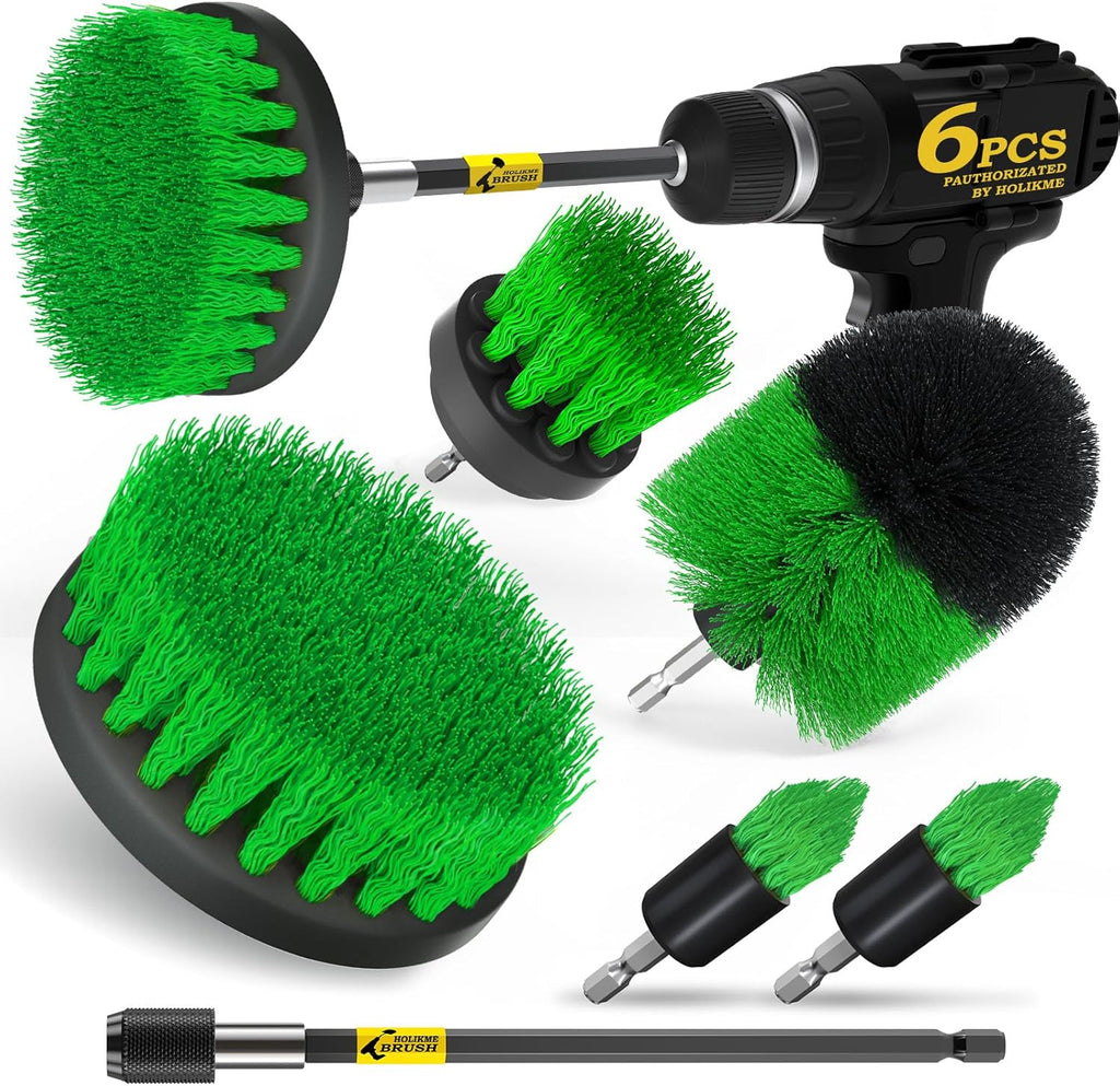 Holikme 6Pack Drill Brush Power Scrubber Cleaning Brush Extended Long Attachment Set All Purpose Drill Scrub Brushes Kit for Grout, Floor, Tub, Shower, Tile, Bathroom and Kitchen Surface，Yellow
