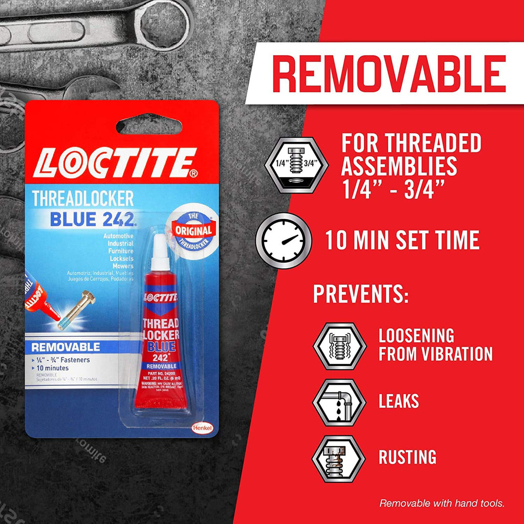 Loctite Threadlocker Blue 242 - Removable Thread Lock Glue for Nuts, Bolts, & Fasteners, Medium Strength Screw Glue to Prevent Loosening & Corrosion - 6 ml, 1 Pack