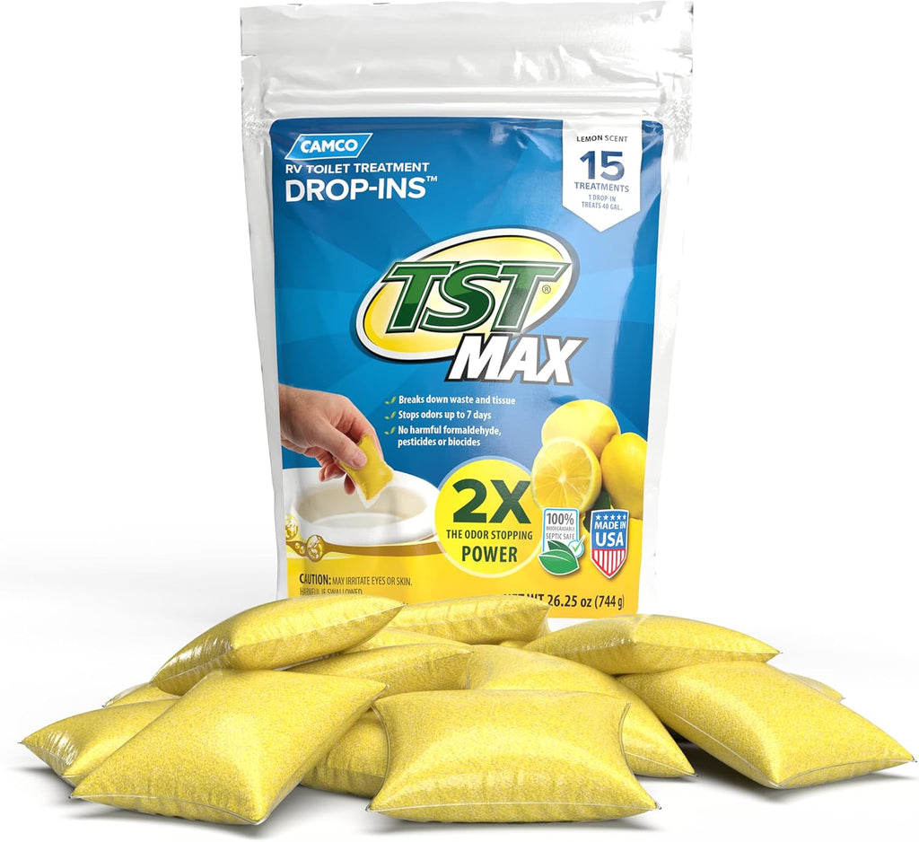 Camco TST MAX RV Toilet Treatment Drop-INs - Control Unwanted Odors & Break Down Waste and Tissue - Safe Septic Tank Treatment - Orange Scent, 30-Pack (41183)