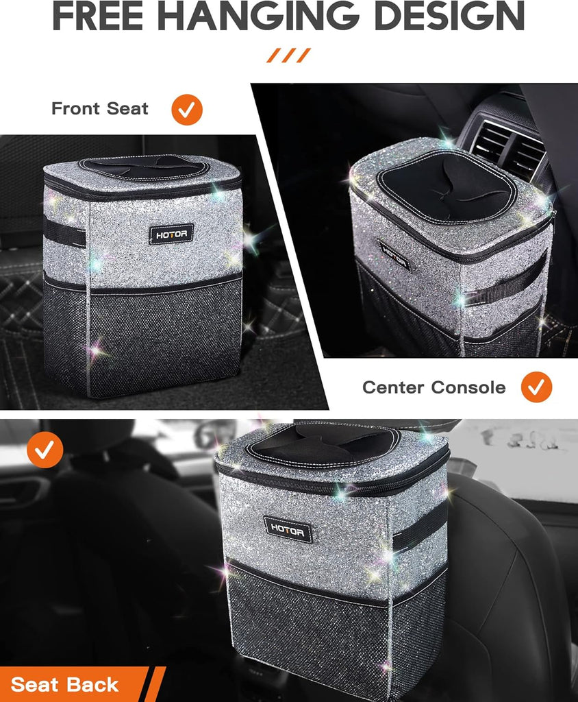 HOTOR Car Trash Can with Lid and Storage Pockets - 100% Leak-Proof Organizer, Waterproof Garbage Can, Multipurpose Trash Bin for Car, 2 Gallons, Black