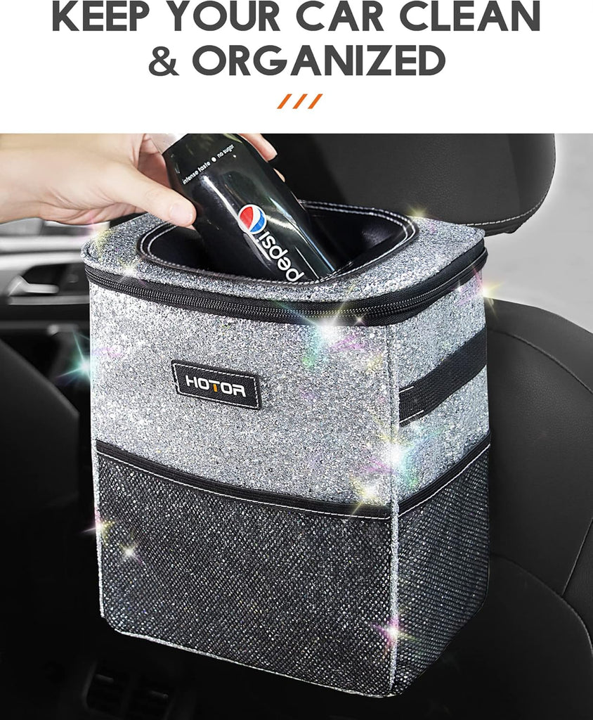 HOTOR Car Trash Can with Lid and Storage Pockets - 100% Leak-Proof Organizer, Waterproof Garbage Can, Multipurpose Trash Bin for Car, 2 Gallons, Black