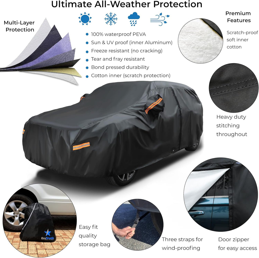 EzyShade 10-Layer Car Cover Waterproof All Weather - See Vehicle Size-Chart - Car Covers for Automobiles & Car Snow Cover - Full Exterior Covers - Winter Rain Sun SUV Sedan. Size A4 (See SizeChart)