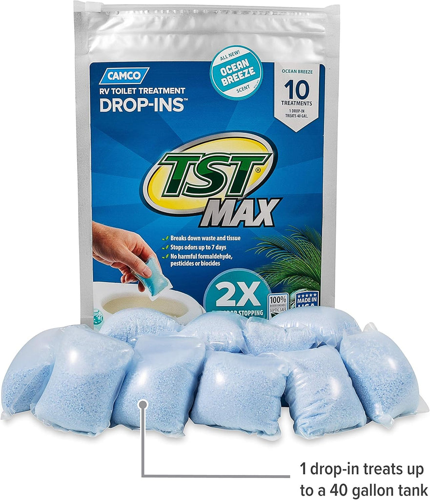 Camco TST MAX RV Toilet Treatment Drop-INs - Control Unwanted Odors & Break Down Waste and Tissue - Safe Septic Tank Treatment - Orange Scent, 30-Pack (41183)