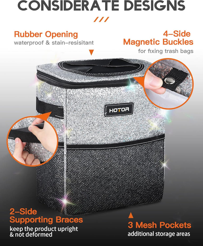 HOTOR Car Trash Can with Lid and Storage Pockets - 100% Leak-Proof Organizer, Waterproof Garbage Can, Multipurpose Trash Bin for Car, 2 Gallons, Black