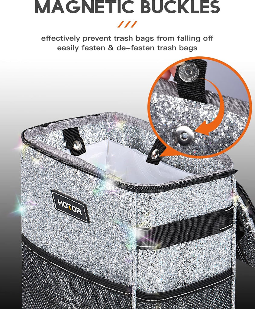 HOTOR Car Trash Can with Lid and Storage Pockets - 100% Leak-Proof Organizer, Waterproof Garbage Can, Multipurpose Trash Bin for Car, 2 Gallons, Black