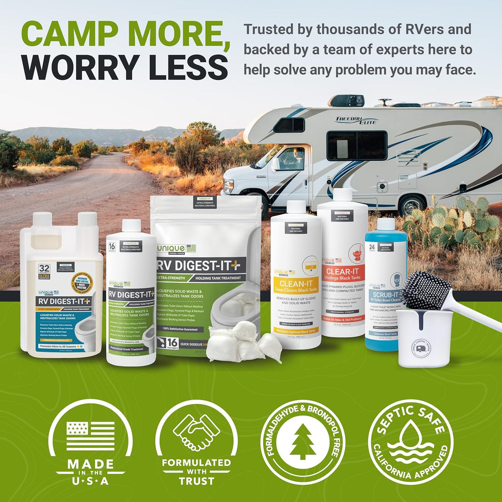 Unique RV Digest-It+ Extra-Strength Ultra-Concentrate - 32 RV Toilet Treatments - Eliminates Smells and Liquifies Waste (32 oz)