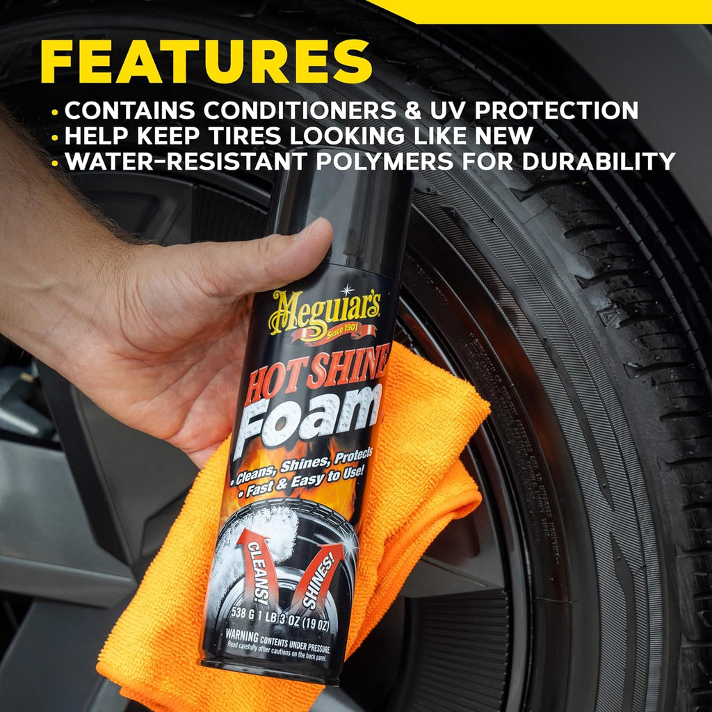 Meguiar's Hot Shine Tire Foam - High Goss Tire Shine That Cleans, Shines, and Protects in One, Deep, Black Shine with Conditioners and UV Protection to Help Keep Tires Looking Like New, 19 Oz Aerosol