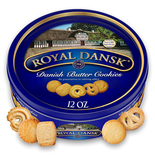 Royal Dansk Danish Butter Cookie Selection, 12 oz Tin – Authentic Assortment of Original Butter Cookies Made with Real Butter, No Preservatives or Artificial Colors, Perfect for Gifting