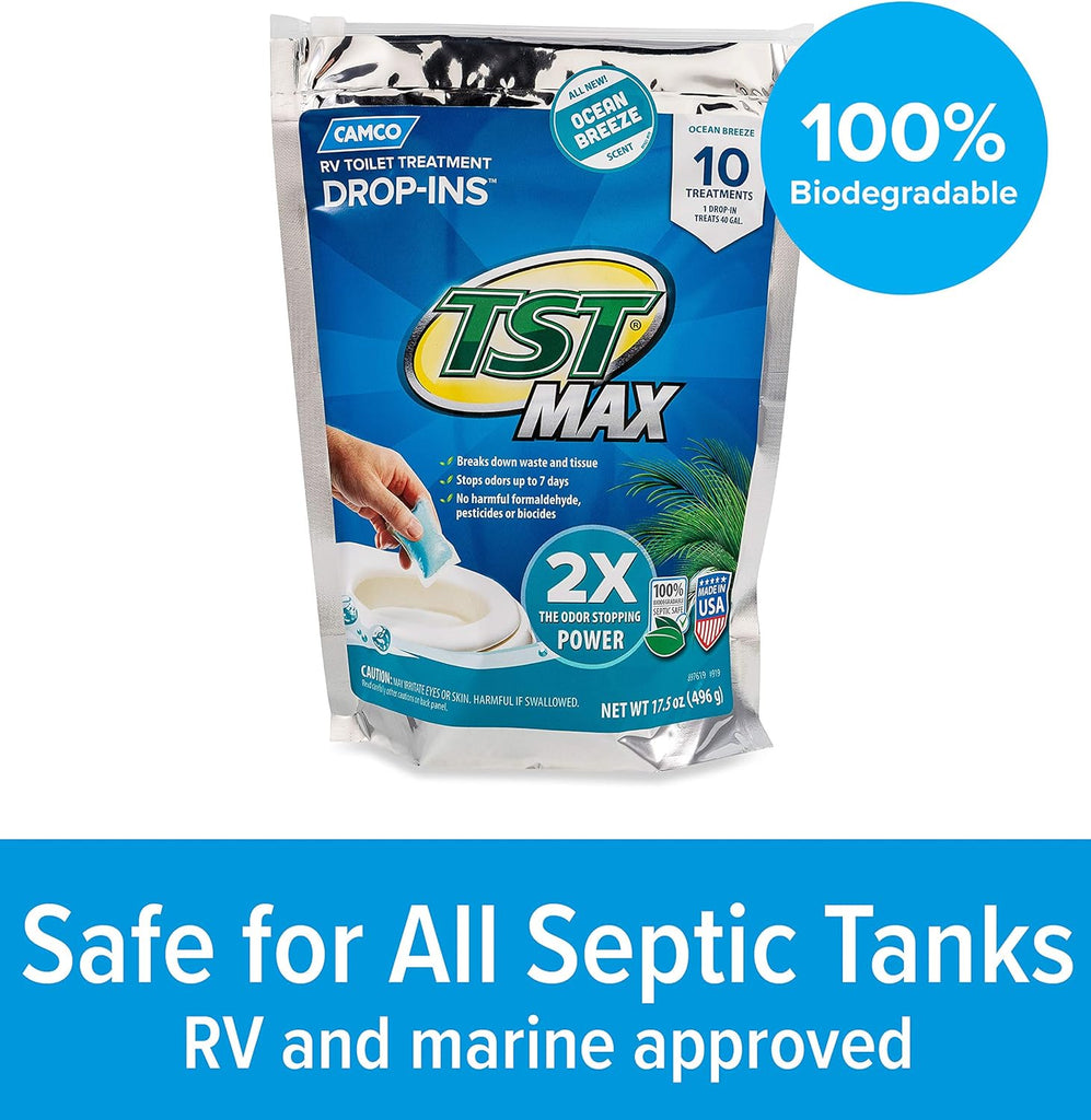 Camco TST MAX RV Toilet Treatment Drop-INs - Control Unwanted Odors & Break Down Waste and Tissue - Safe Septic Tank Treatment - Orange Scent, 30-Pack (41183)