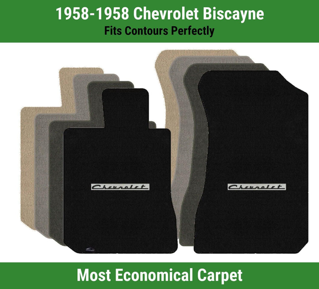 Lloyd Velourtex Front Carpet Mats for '58 Chevy Biscayne W/Black on Silver Chevy