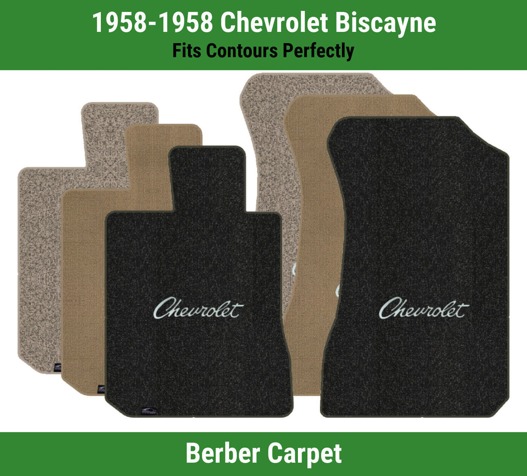 Lloyd Berber Front Carpet Mats for '58 Chevy Biscayne W/Black Chevy Letters Logo