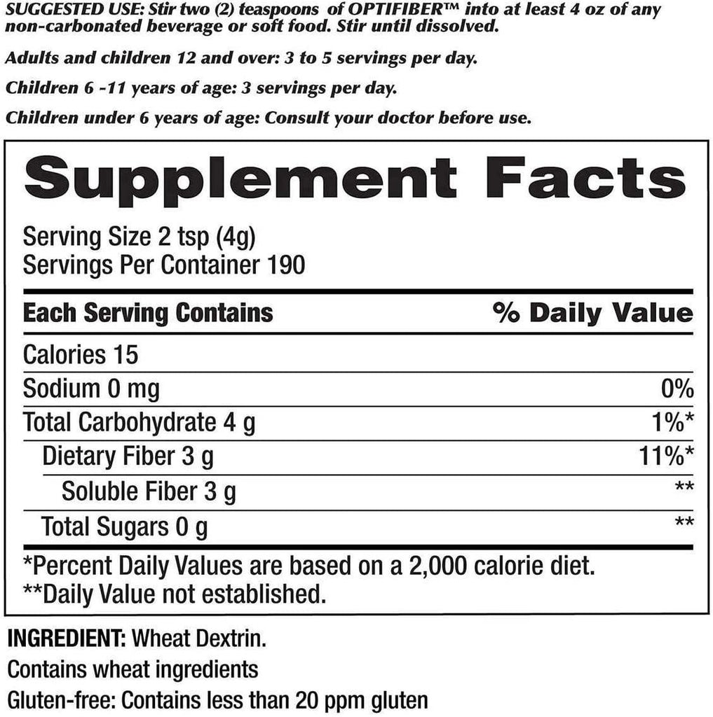 OPTIFIBER Sugar Free Favor Free Gluten Free Non Thickening, NET WT. 760G/26.8 Oz (1.6 Lbs) (190 Servings)