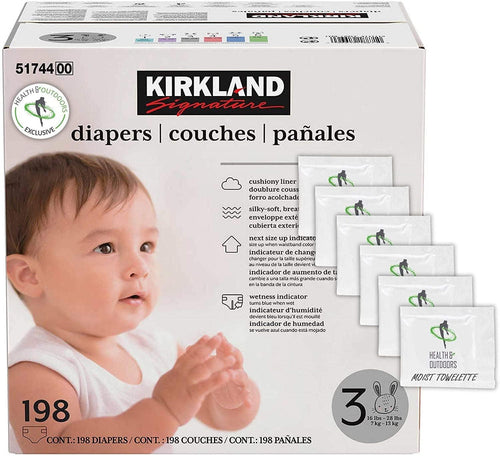 Kirkland Signature Diapers Size 3 (16 Lbs - 28 Lbs) 198 Count W/ Exclusive Health and Outdoors Wipes