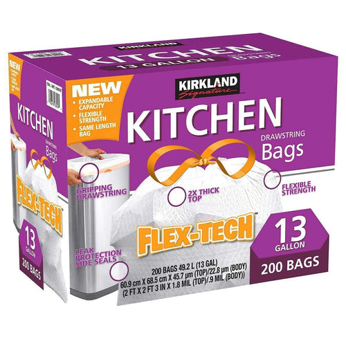 Kirkland Signature Flex-Tech Kitchen Trash Bags 13 Gallon 200Ct