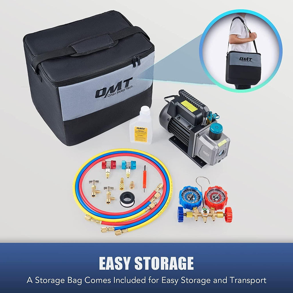 AC Gauges and Vacuum Pump, 3.5Cfm AC Vacuum Pump and Gauge Set for R134A R12 R22 R502, 3 Way AC Gauges with 3.5Cfm Vacuum Pump, with R134A Puncture and Self Sealing Can Taps, Adjustable Couplers