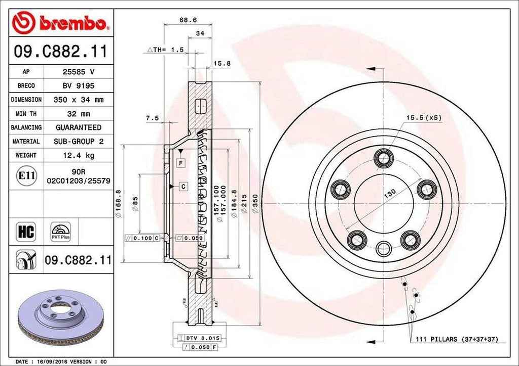 Brembo Front Driver Side Disc Brake Rotor for Q7, Cayenne, Touareg (09.C882.11)
