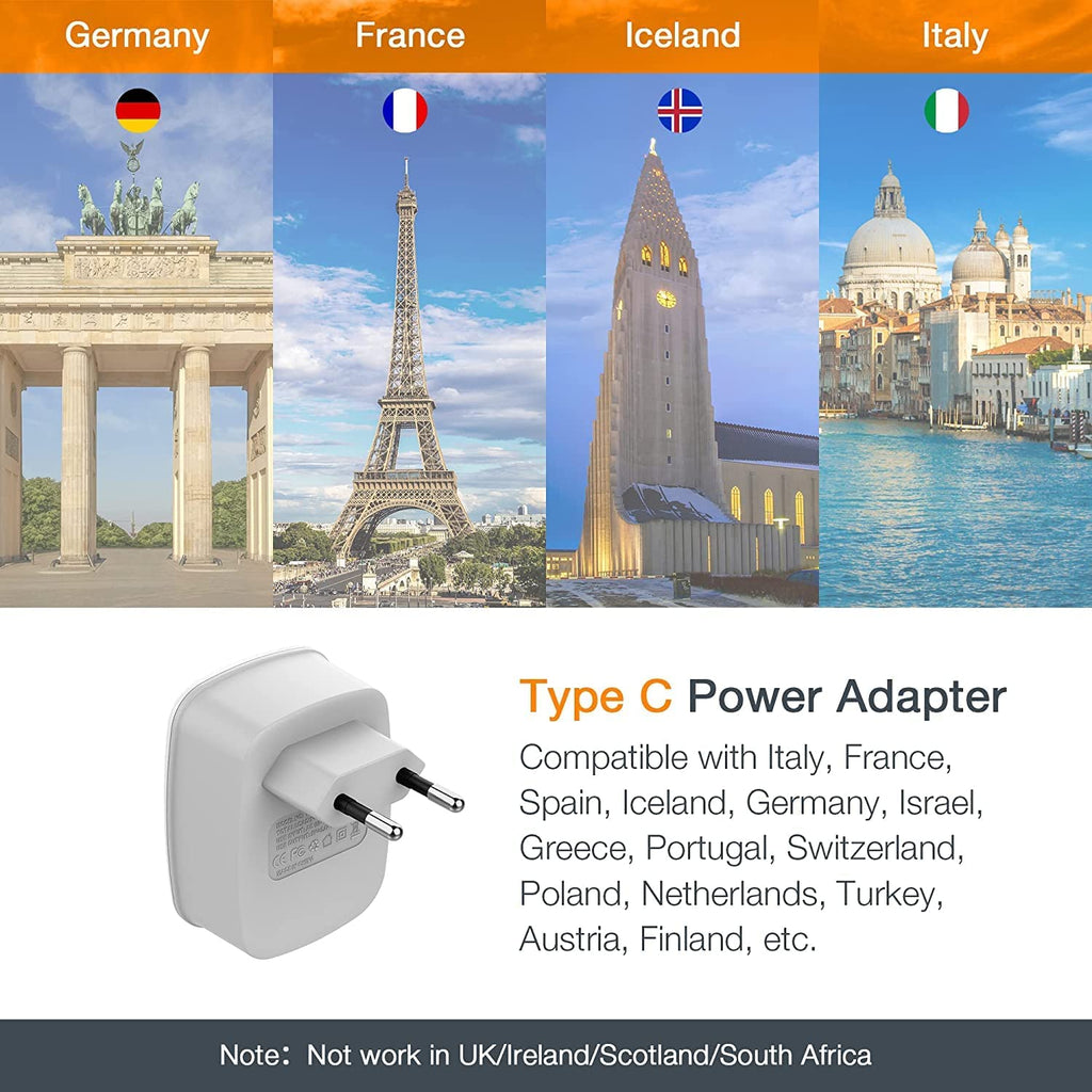 European Travel Plug Adapter 2 Pack,  International Power Outlet Adaptor with 2 USB, Type C Charger from USA to Most of Europe EU Spain Iceland Germany France Italy Israel