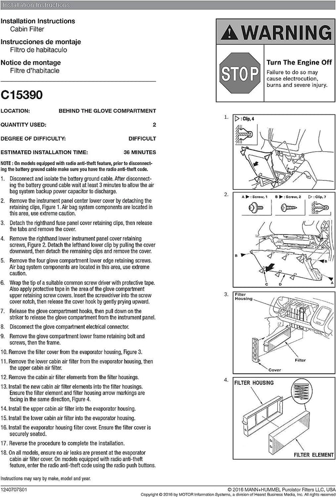 C15390 one Advanced Cabin Air Filter Compatible with Select Honda and Acura