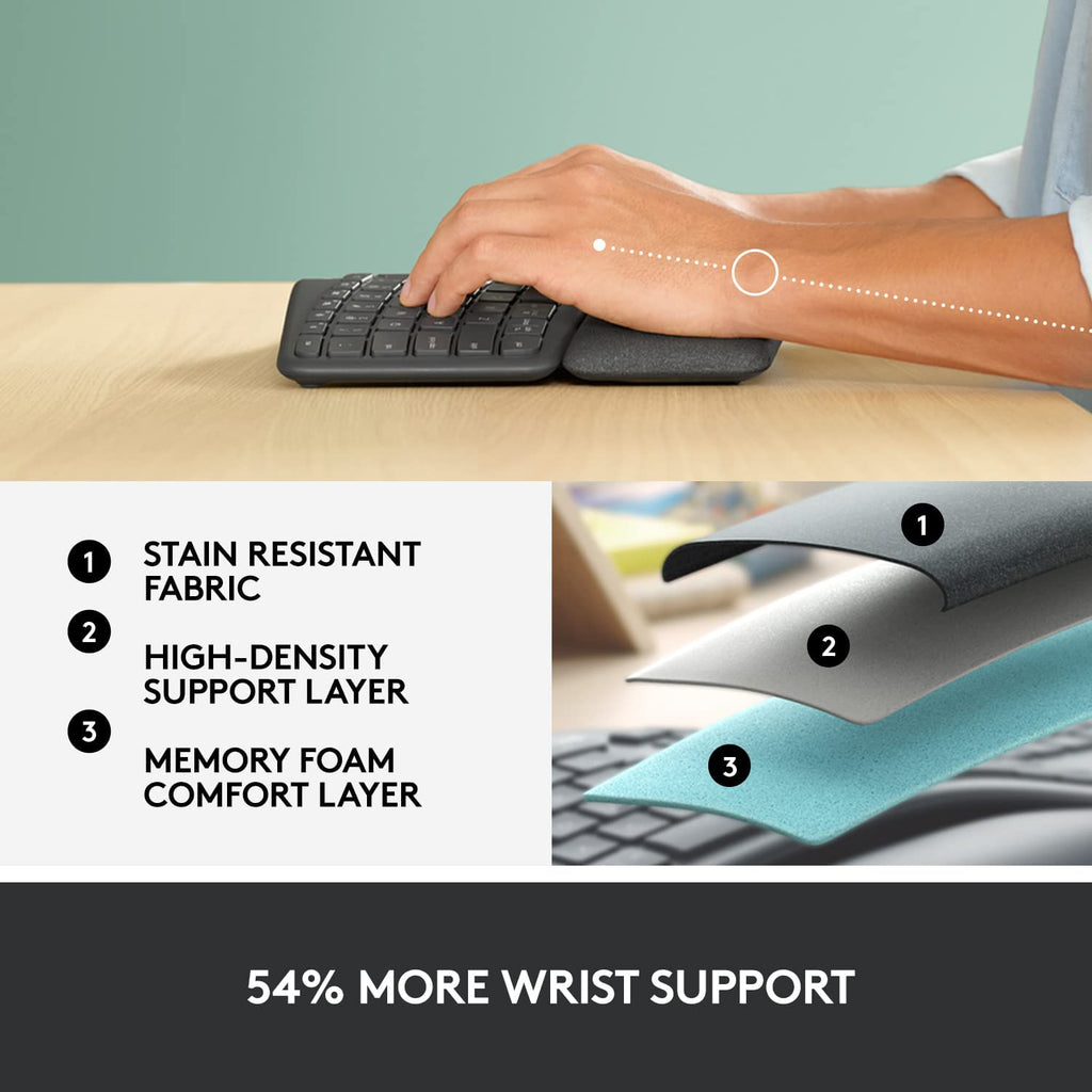 Logitech ERGO K860 Wireless Ergonomic Keyboard - Split Keyboard, Wrist Rest, Natural Typing, Stain-Resistant Fabric, Bluetooth and USB Connectivity, Compatible with Windows/Mac,Black