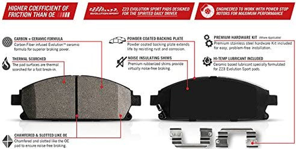 Power Stop Z23-924 Front Z23 Evolution Sport Carbon Fiber Infused Ceramic Brake Pads with Hardware