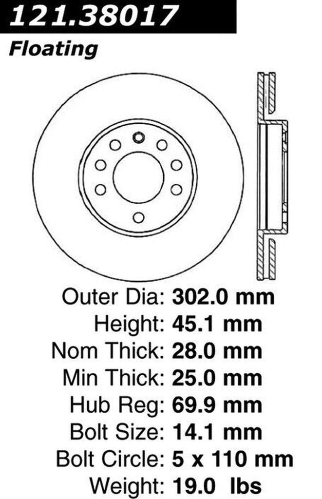 Centric Front Disc Brake Rotor for 9-3, 9-3X, BLS, Vectra (121.38017)