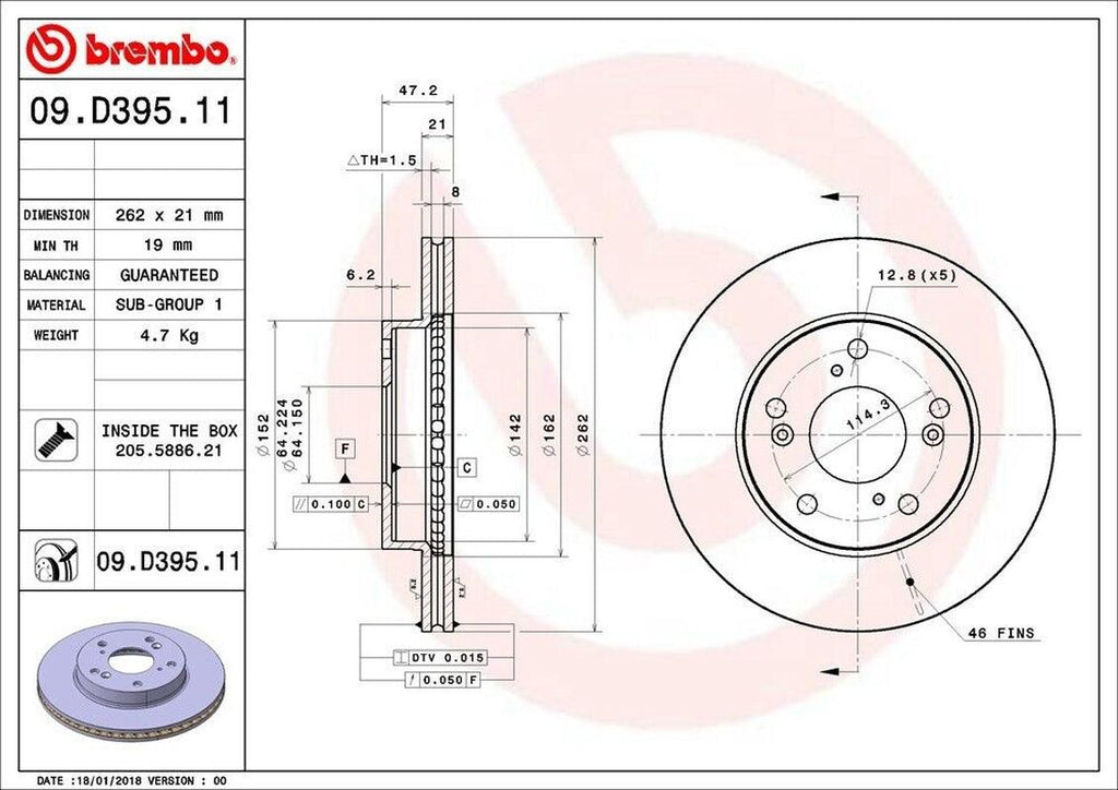 Brembo Front Disc Brake Rotor for Civic, ILX (09.D395.11)