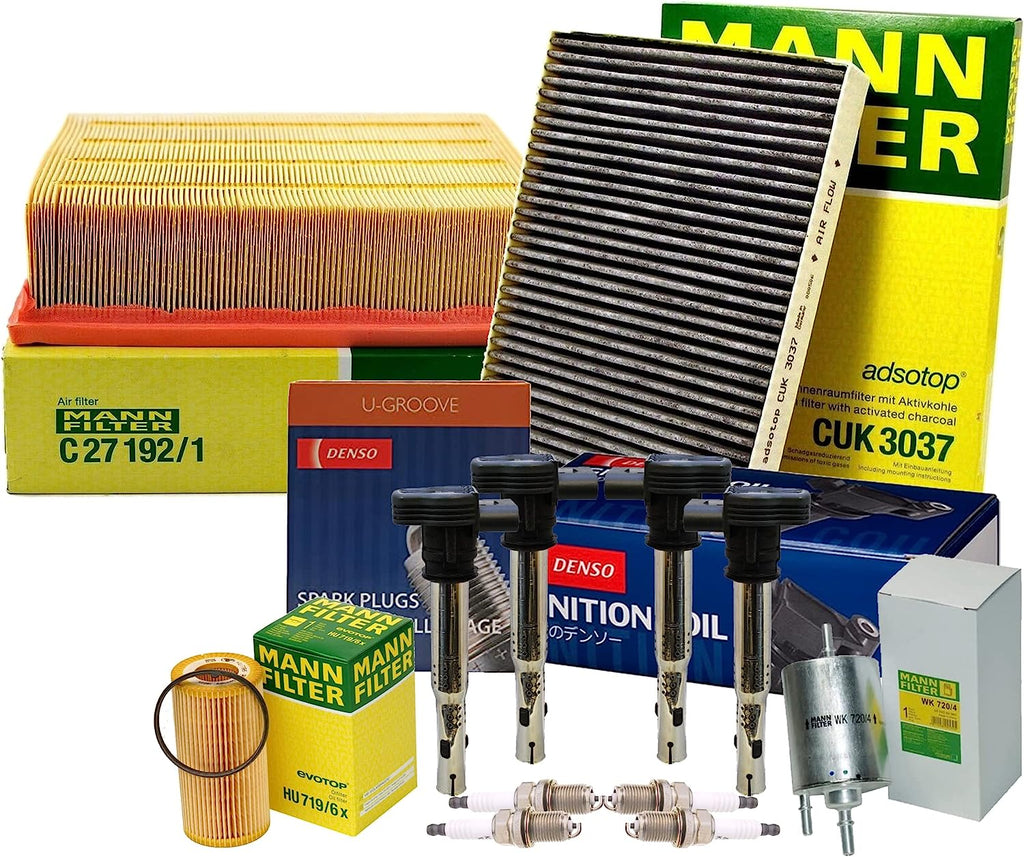 Premium Engine Carbon Cabin Air Fuel Oil Filters with 4 COP Ignition Coils & 4 U-Groove Conventional Spark Plugs Tune up Kit