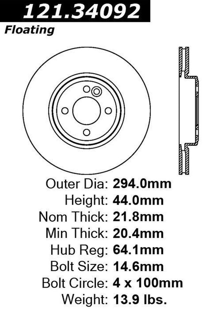Centric Front Disc Brake Rotor for 06 Cooper (121.34092)