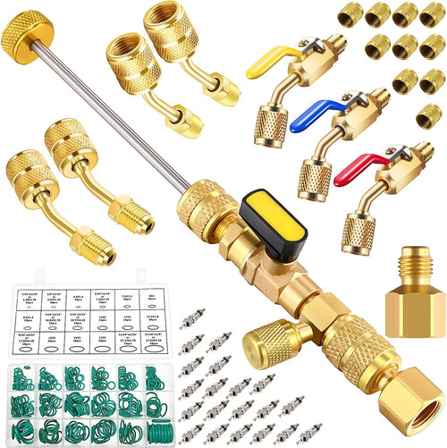 R410A Valve Core Remover Kits 7 Air Conditioning Refrigerant Angled Compact Ball Valve Compatible with SAE 1/ 4 and 5/ 16 Port R410 R32 Brass Adapter 20 Valve Cores 10 Brass Nut 270 Sealing Washer