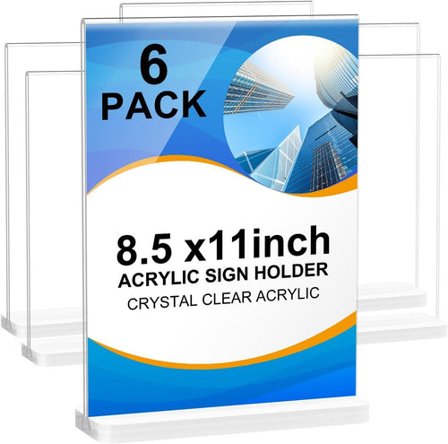 Vlaseo Acrylic Sign Holder 8.5 X 11 Inch, Double Side Clear T Shape Acrylic Table Sign Stands for Home Office Retail Show Fair Restaurants Wedding Reception Party Decoration(6 Pack)