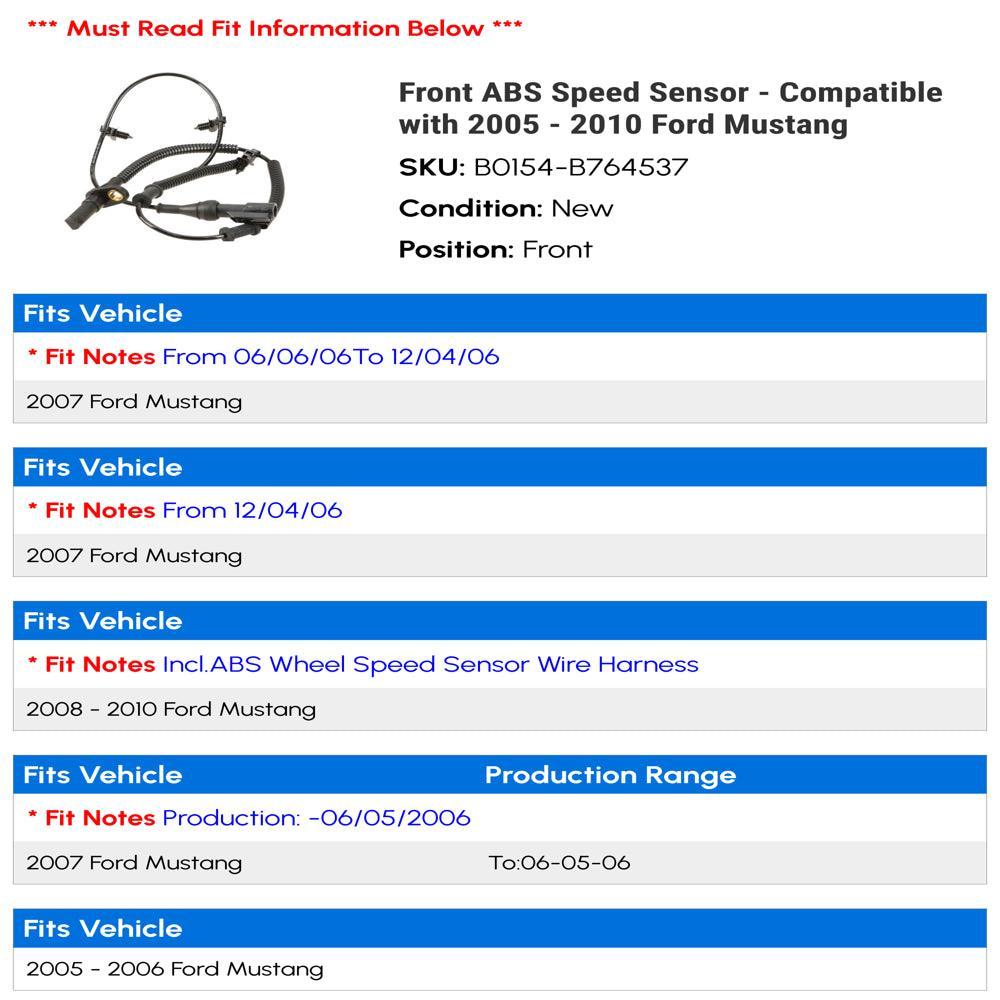 Front ABS Speed Sensor - Compatible with 2005 - 2010 Ford Mustang 2006 2007 2008 2009