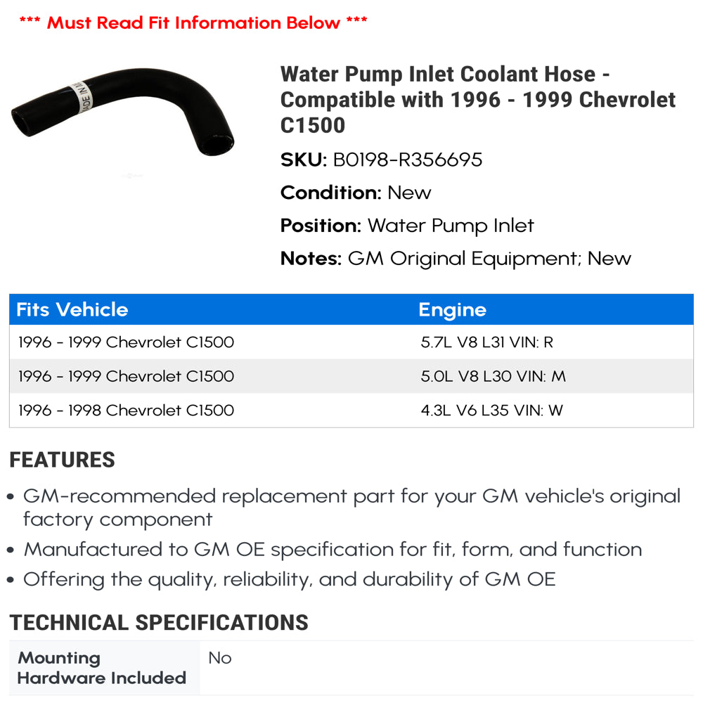 Water Pump Inlet Coolant Hose - Compatible with 1996 - 1999 Chevy C1500 1997 1998