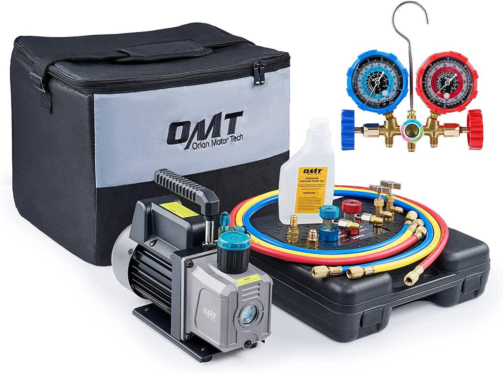 AC Gauges and Vacuum Pump, 3.5Cfm AC Vacuum Pump and Gauge Set for R134A R12 R22 R502, 3 Way AC Gauges with 3.5Cfm Vacuum Pump, with R134A Puncture and Self Sealing Can Taps, Adjustable Couplers