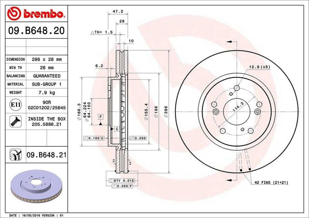 Brembo Front Disc Brake Rotor for Crosstour, CR-V, Accord Crosstour (09.B648.21)